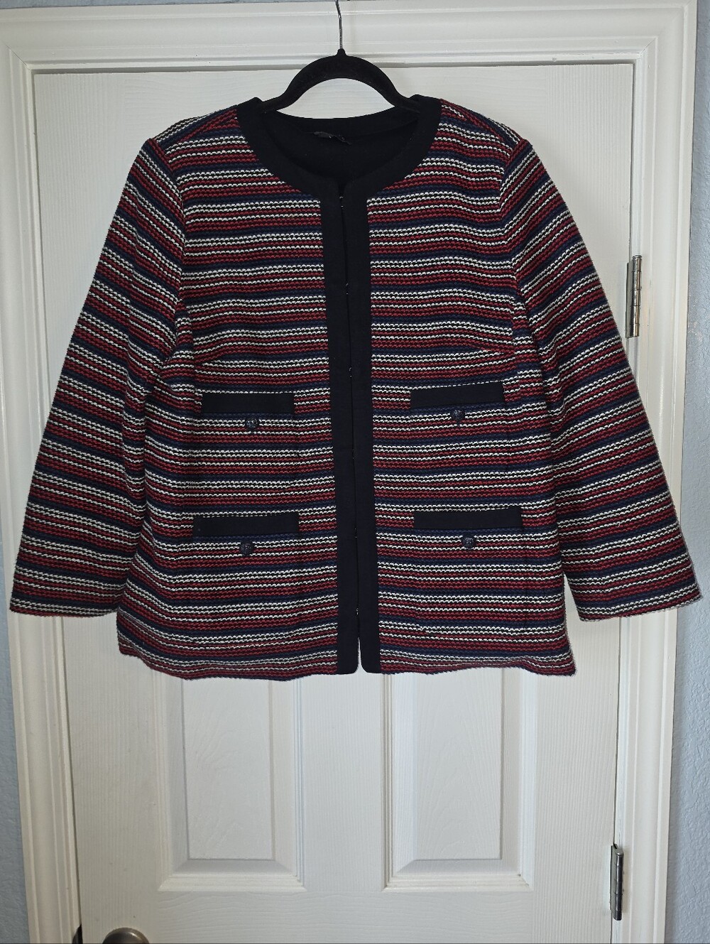 Talbots BOUCLÉ STRIPE JACKET Size XL PETITE MRSP $169 blazer Red White Blue